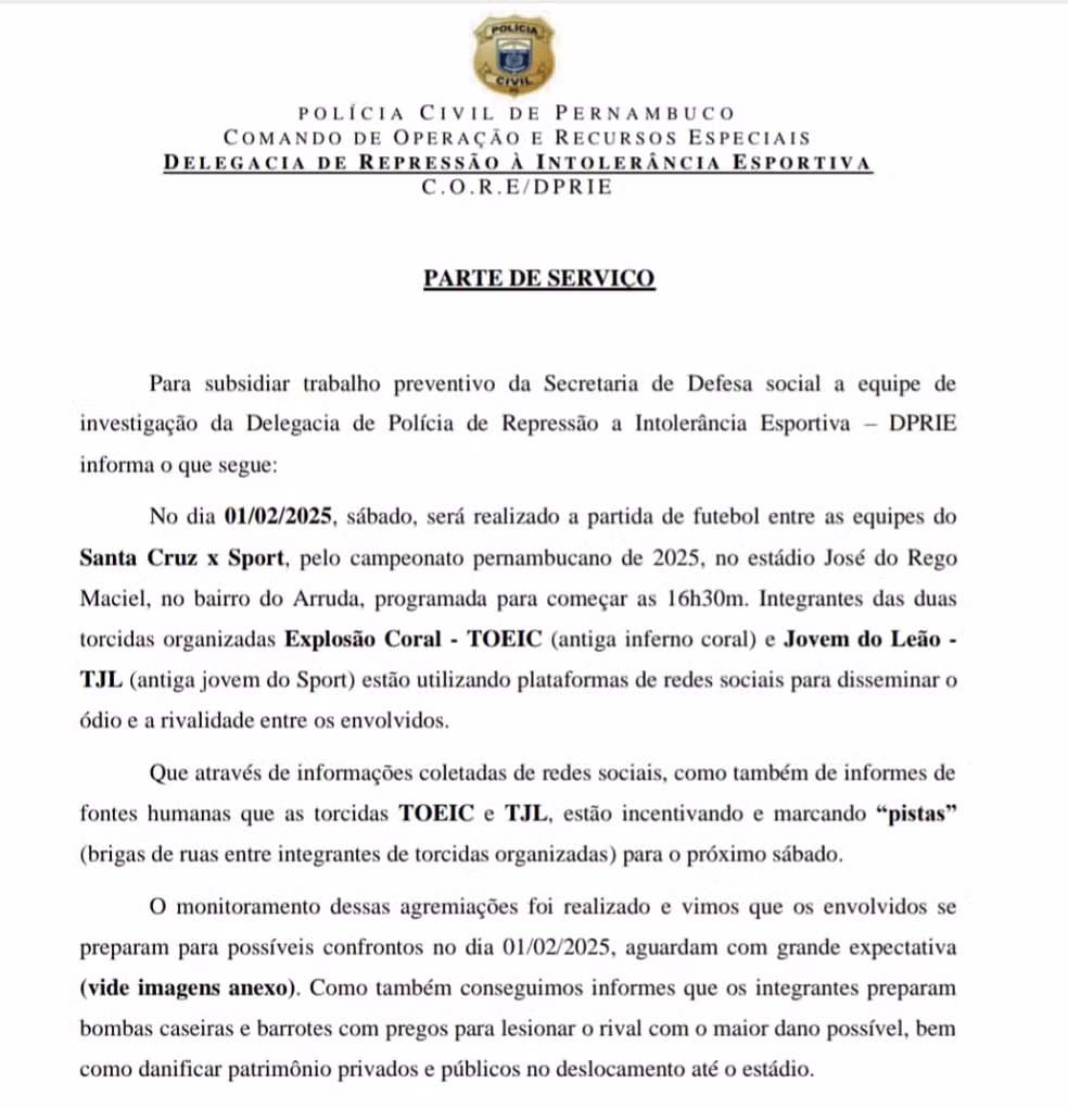 Relatório revela que a Polícia Civil de Pernambuco tinha conhecimento de possível confronto — Foto: Reprodução/WhatsApp